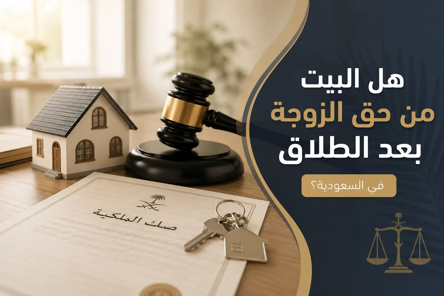 صورة توضيحية لمنزل ووثيقة ملكية تشرح الفرق بين ملكية البيت وحق السكن بعد الطلاق في السعودية.