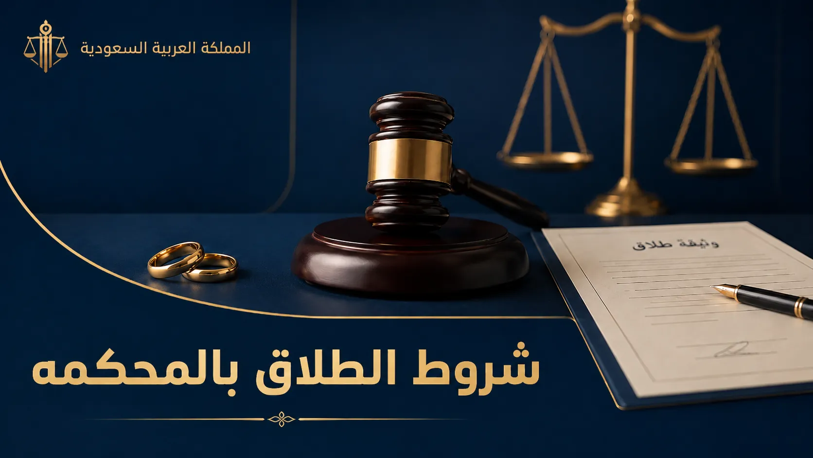 تصميم قانوني يوضح شروط الطلاق بالمحكمة في السعودية مع مطرقة القضاء ووثيقة طلاق وخاتمي زواج.