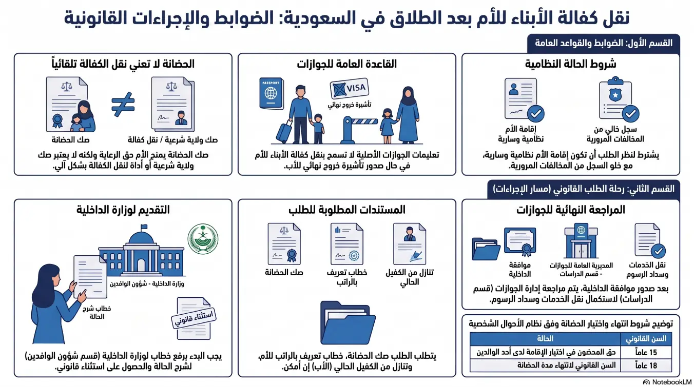 أنفوغرافيك: حول نقل كفالة الابناء من الاب الى الام بعد الطلاق.