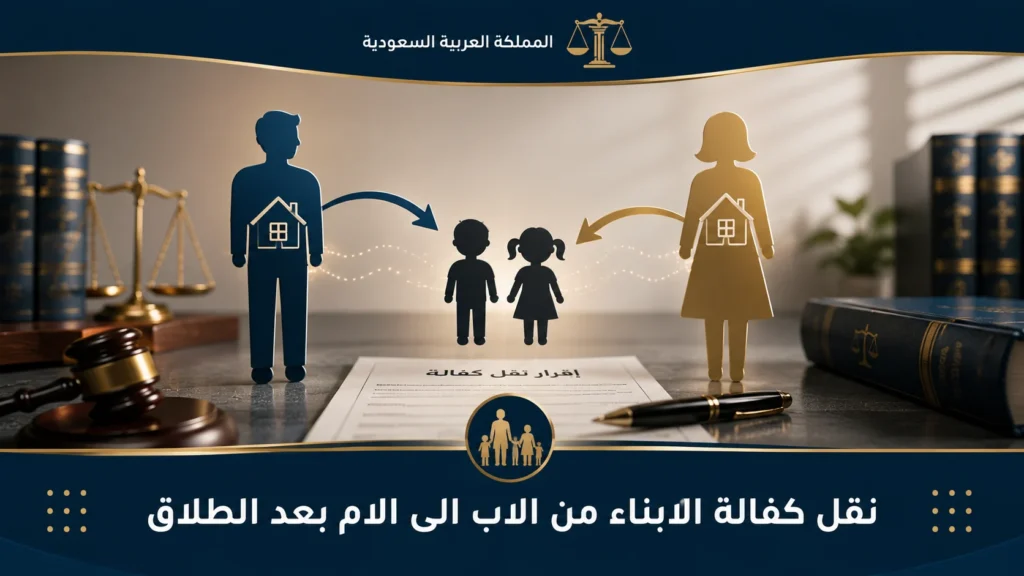 تصميمٌ قانونيٌ يوضح نقل كفالة الأبناء من الأب إلى الأم بعد الطلاق في السعودية.