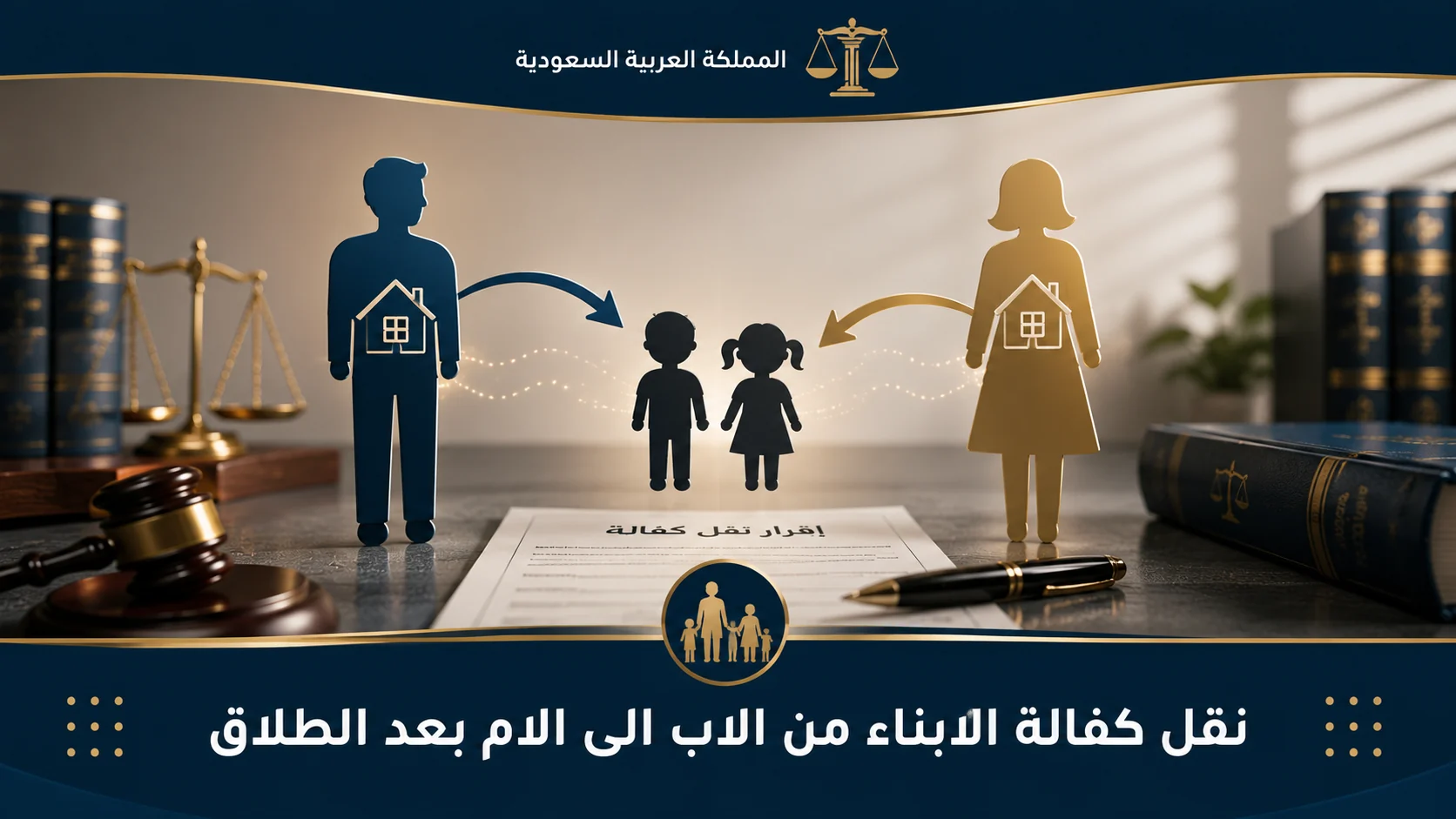 تصميمٌ قانونيٌ يوضح نقل كفالة الأبناء من الأب إلى الأم بعد الطلاق في السعودية.