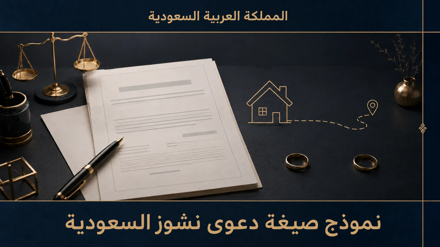 صورة بارزة لمقال نموذج صيغة دعوى نشوز السعودية تتضمن صحيفة دعوى وخاتمين منفصلين ورمزاً لمغادرة مسكن الزوجية.