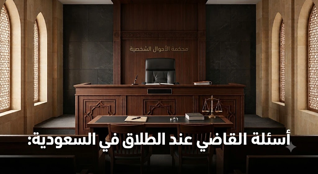 قاعة محكمة الأحوال الشخصية مع عنوان أسئلة القاضي عند الطلاق في السعودية