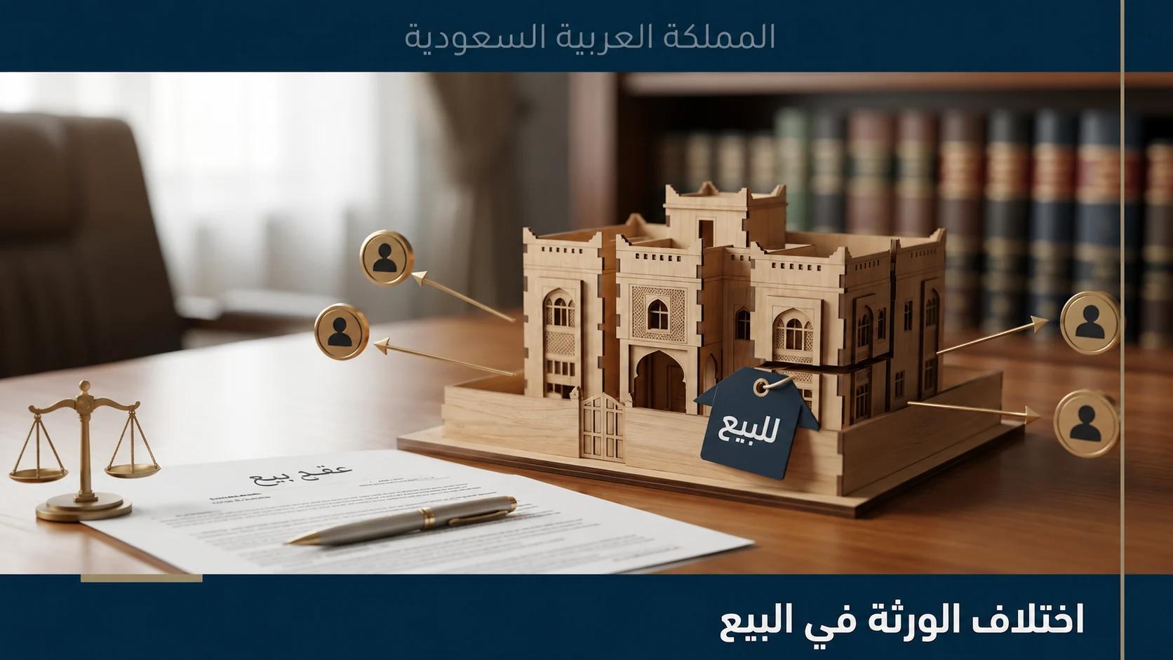 صورة توضيحية عن اختلاف الورثة في البيع في السعودية تضم عقاراً ووثيقة قانونية وميزان عدالة