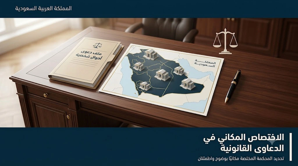 تصميم قانوني يوضح الاختصاص المكاني في الدعاوى القانونية في السعودية مع خريطة المملكة وملف دعوى أحوال شخصية على مكتب