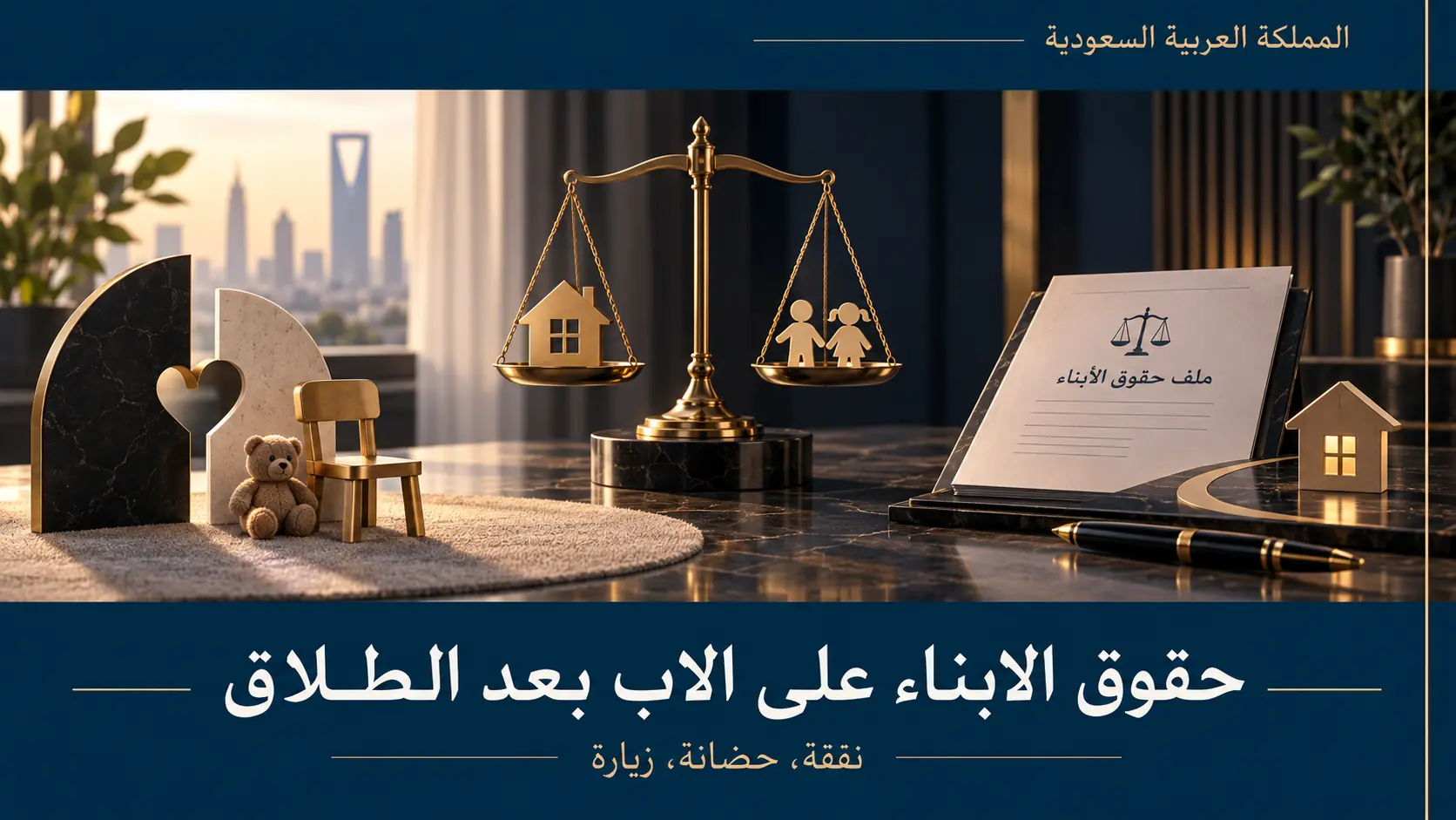 تصميم قانوني يوضح حقوق الابناء على الاب بعد الطلاق في السعودية مثل النفقة والحضانة والزيارة