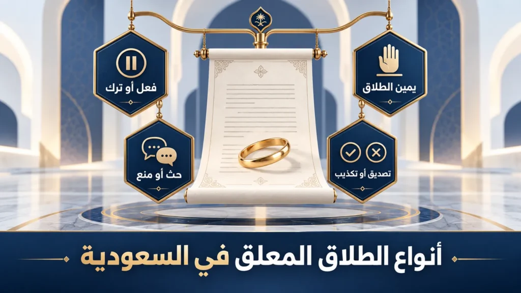 تصميم قانوني يوضح أنواع الطلاق المعلق في السعودية وأثر الشرط والنية