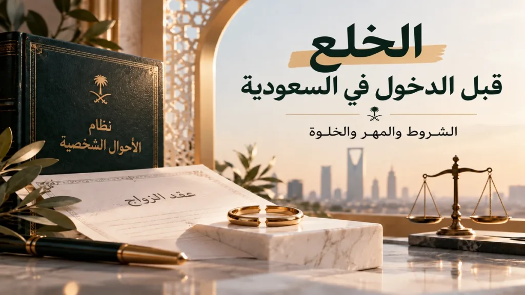 تصميم قانوني يوضح قانون الخلع قبل الدخول في السعودية مع عقد زواج وخاتم منقسم وميزان عدالة