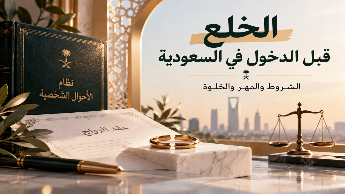تصميم قانوني يوضح قانون الخلع قبل الدخول في السعودية مع عقد زواج وخاتم منقسم وميزان عدالة
