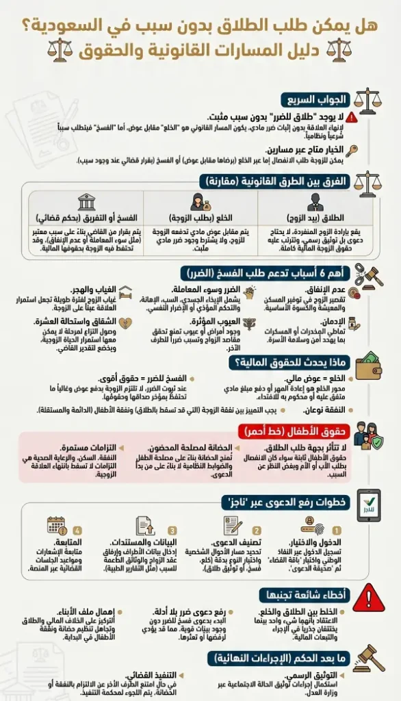 إنفوغرافيك يوضح بشكل مبسط هل يمكن طلب الطلاق بدون سبب في السعودية، مع مقارنة بين الطلاق والخلع والفسخ، وشرح الحقوق المالية وخطوات رفع الدعوى عبر ناجز.