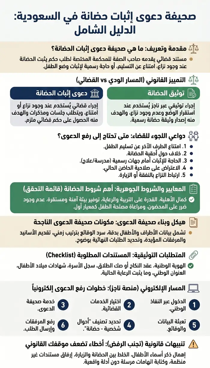 صورة توضيحية عن صحيفة دعوى إثبات حضانة في السعودية تشمل المستندات المطلوبة وخطوات تقديم الطلب عبر المحكمة المختصة.