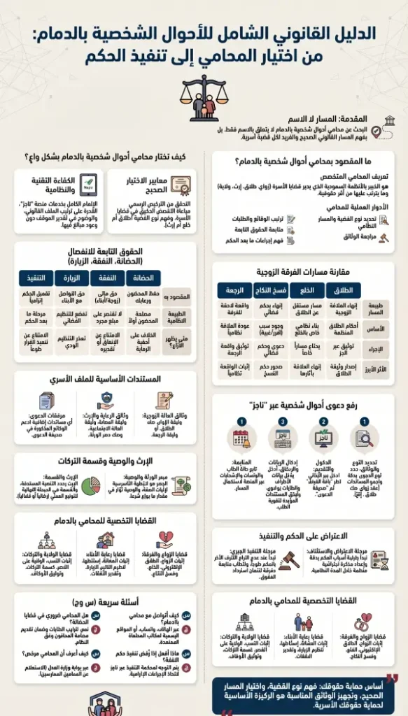 ملخص قانوني لقضايا الأحوال الشخصية في الدمام من الطلاق إلى النفقة والإرث.