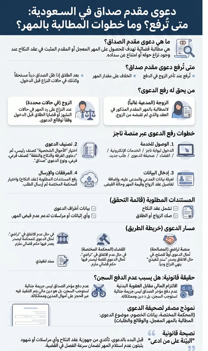 إنفوغرافيك يوضح دعوى مقدم صداق في السعودية، مع خطوات المطالبة بالمهر، وأهم المستندات المطلوبة لإثبات الحق أمام محكمة الأحوال الشخصية.
