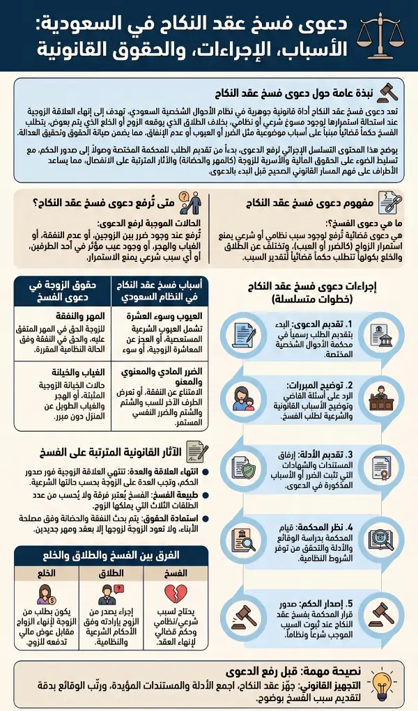 إنفوغرافيك يوضح دعوى فسخ عقد النكاح في السعودية، مع أبرز أسباب الفسخ وخطوات رفع الدعوى والمستندات المطلوبة أمام محكمة الأحوال الشخصية.