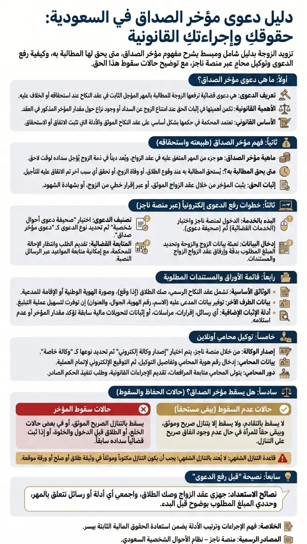 إنفوجرافيك يوضح دعوى مؤخر الصداق في السعودية، وخطوات تقديم الدعوى عبر ناجز، والأوراق المطلوبة، وحالات استحقاق المؤخر أو سقوطه بالتنازل.