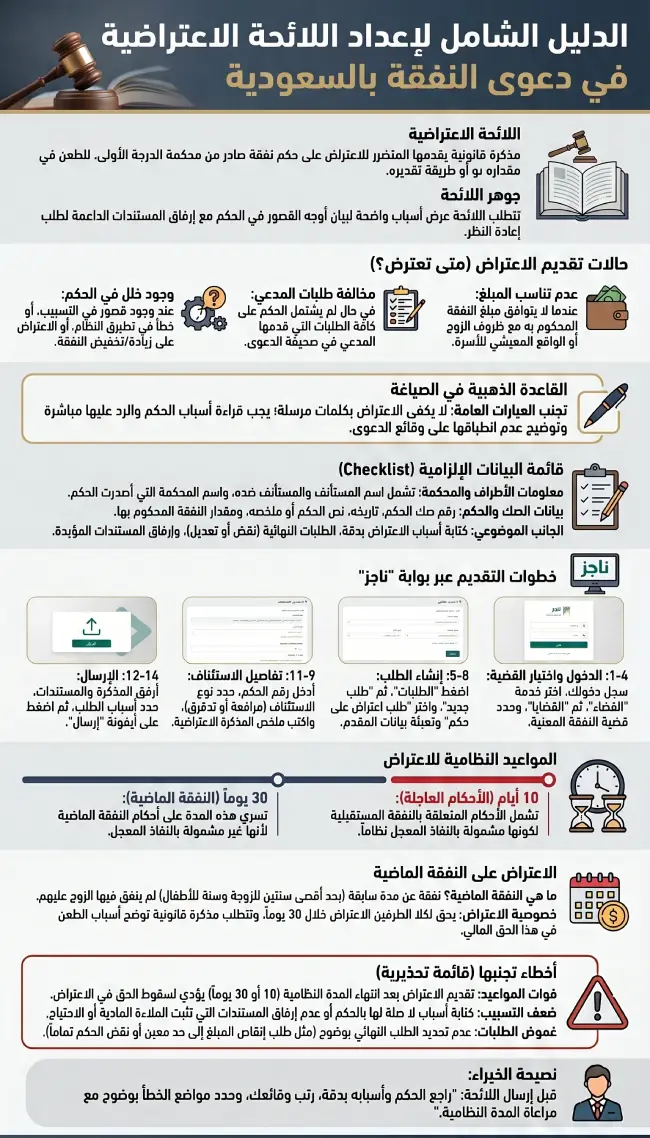 إنفوجرافيك يوضح لائحة اعتراضية في دعوى نفقة بالسعودية، وبيانات الاعتراض المطلوبة، وخطوات تقديم اللائحة عبر ناجز، ومدة الاعتراض على حكم النفقة.