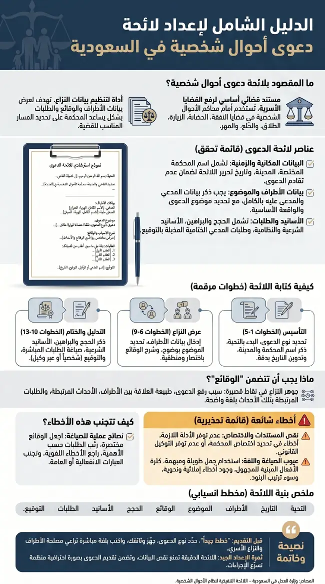 إنفوجرافيك يوضح لائحة دعوى أحوال شخصية في السعودية، وأهم عناصرها، ونموذج صياغتها، وطريقة كتابتها، والأخطاء الشائعة التي يجب تجنبها قبل تقديم الدعوى.