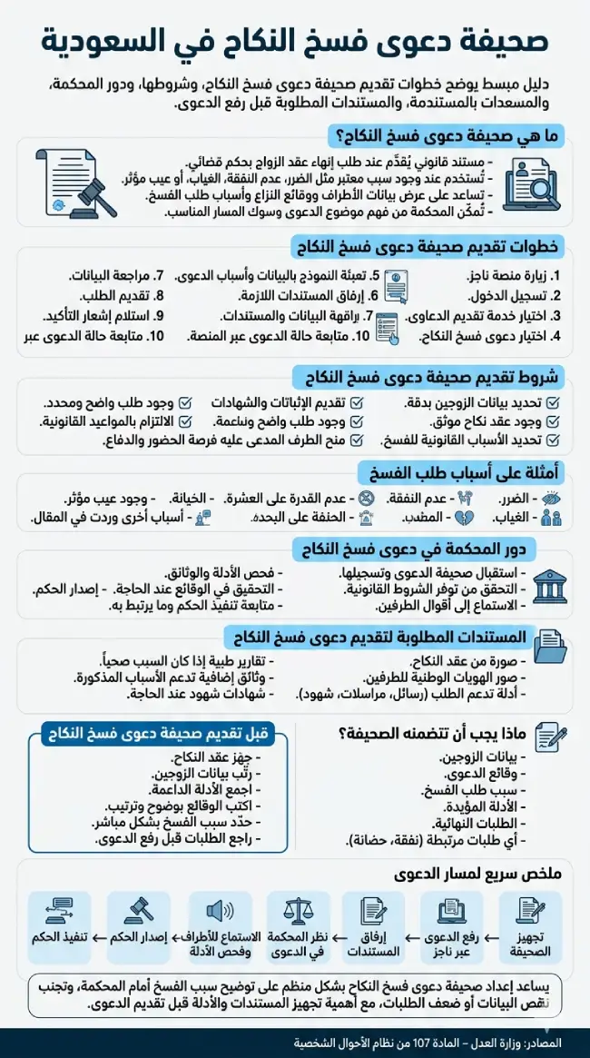 إنفوجرافيك يوضح صحيفة دعوى فسخ النكاح في السعودية، وخطوات تقديمها عبر ناجز، وشروط قبول الدعوى، ودور المحكمة، والمستندات المطلوبة لإثبات سبب الفسخ.
