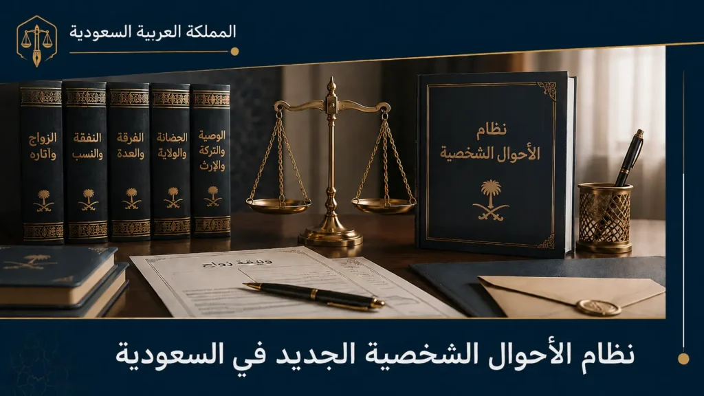 صورة بارزة لمقال نظام الأحوال الشخصية الجديد في السعودية تتضمن رموزاً قانونية وميزان العدالة