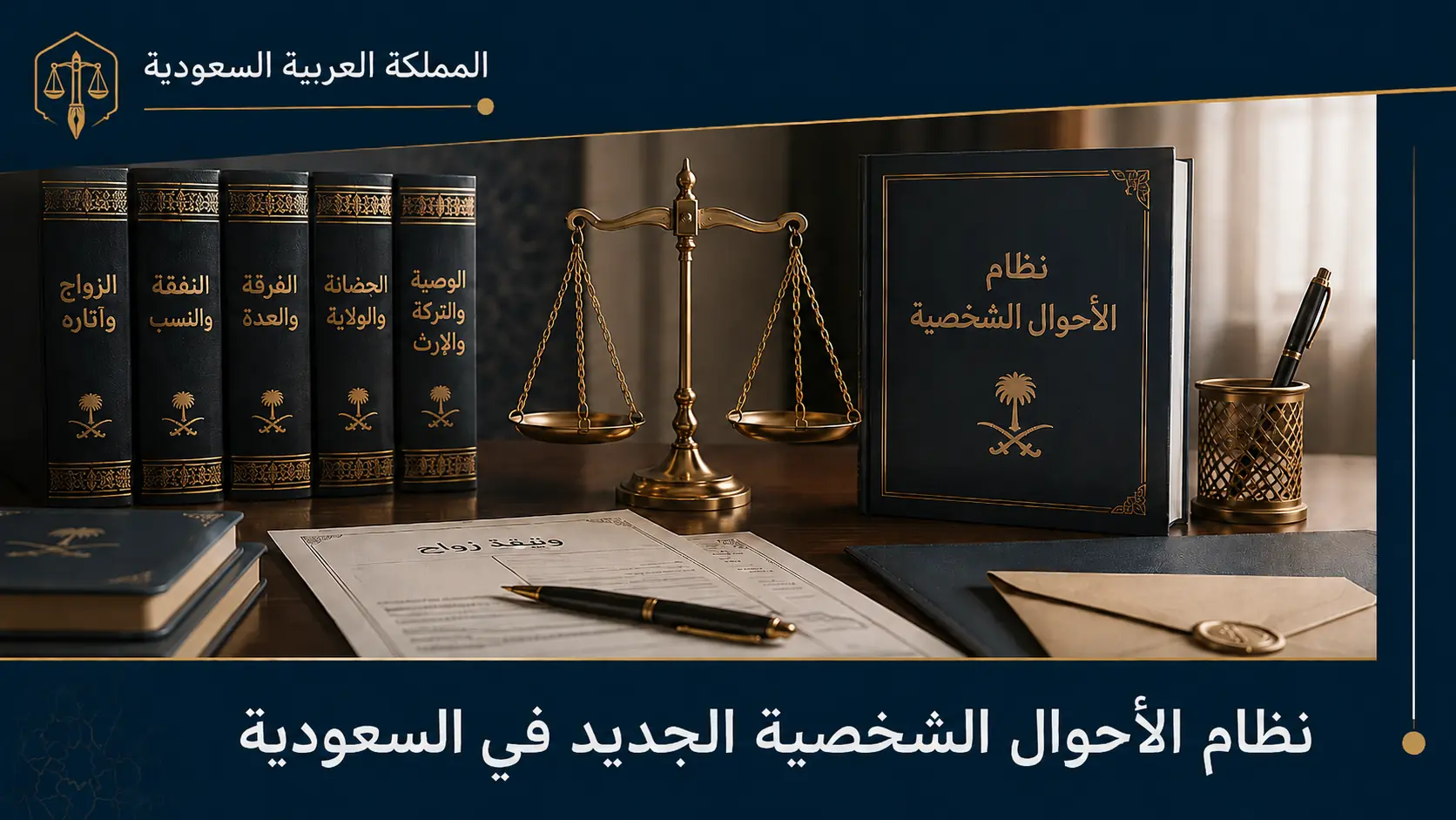 صورة بارزة لمقال نظام الأحوال الشخصية الجديد في السعودية تتضمن رموزاً قانونية وميزان العدالة