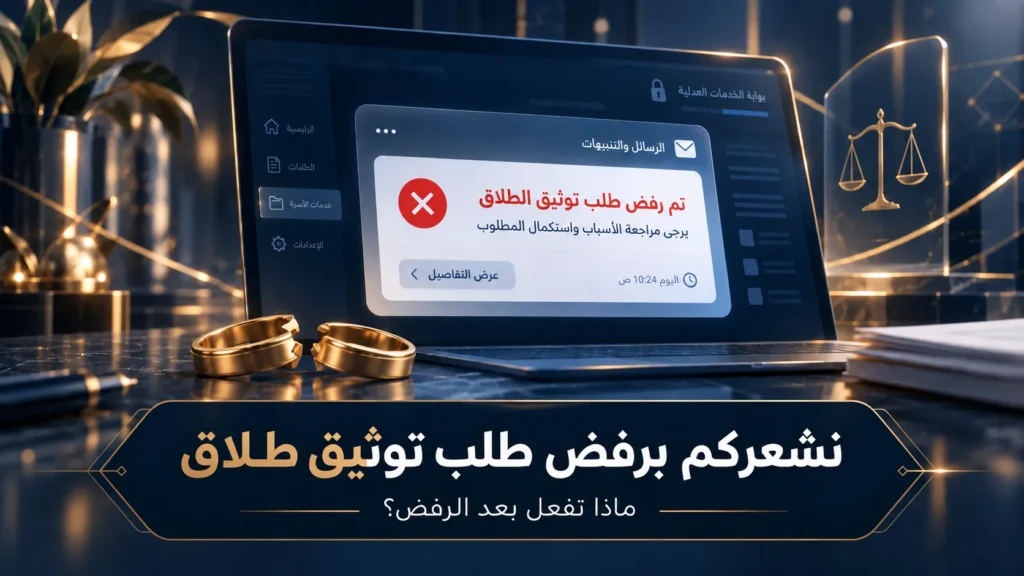 رسالة إلكترونية توضح رفض طلب توثيق الطلاق في ناجز وخطوات مراجعة سبب الرفض